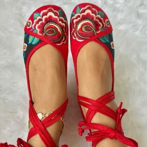 Red Lace Up Sandals Chinese Style Embroidered